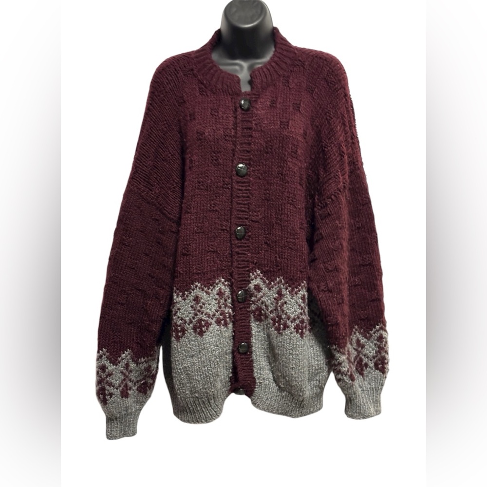 Men's Burgundy and Gray Cardigan Sweater